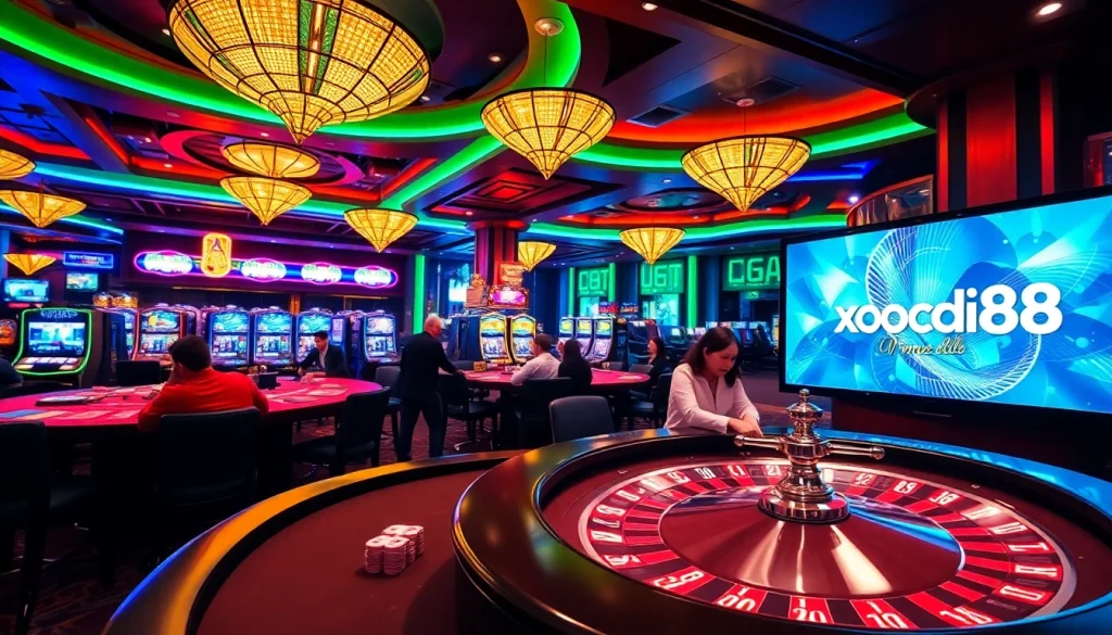 Xocdia88 captures the thrill of gambling with a lively poker table and a spinning roulette wheel.