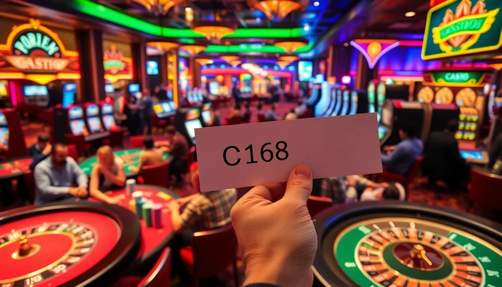 C168 betting slip among chip stacks as players enjoy exciting casino games.