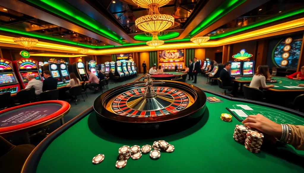Explore the thrilling world of trang chủ 789f with a luxurious casino atmosphere featuring roulette, poker, and vibrant slot machines.