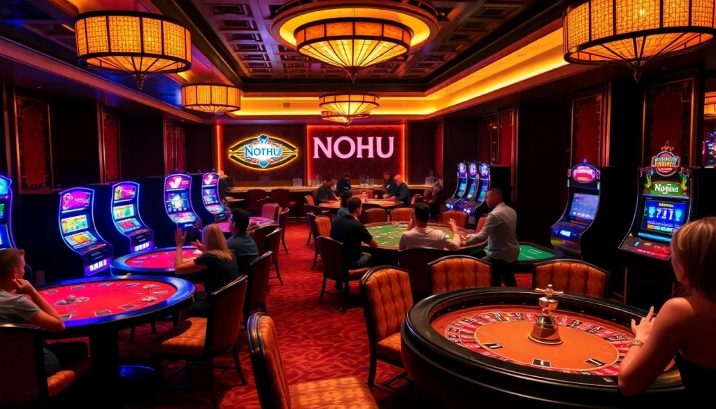 Experience the thrill of gambling at NOHU, where players engage in high-stakes games surrounded by luxurious decor and vibrant slot machines.