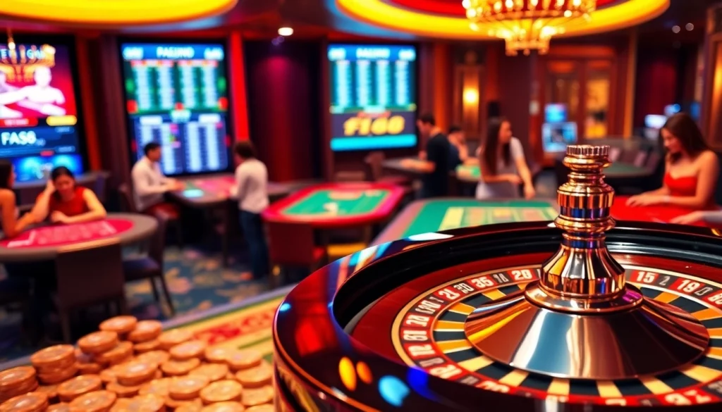 Experience the thrill at f168 with vibrant casino games, players enjoying roulette and poker, and digital betting highlights.