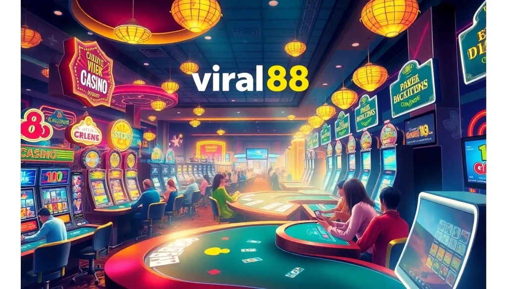 Experience the thrill of the casino as players engage at tables and slot machines featuring viral88 branding.