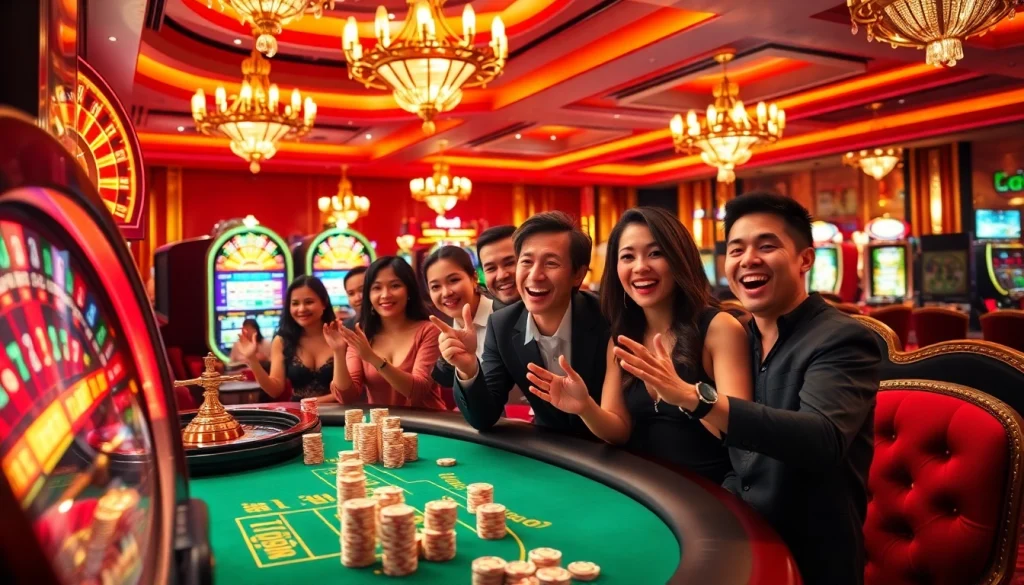 Exciting game action at nhà cái qq88 casino featuring roulette and slot machines.