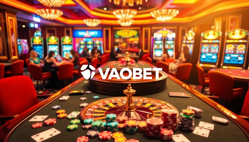 Experience the excitement of VAOBET with players at a poker table in a dynamic casino setting.
