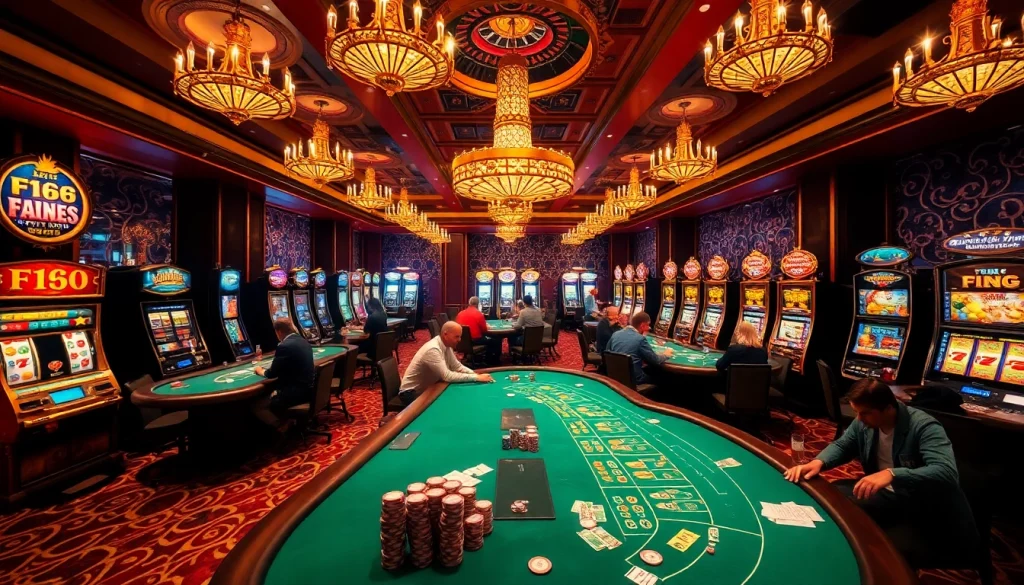 Experience the vibrant f168 casino atmosphere with players at blackjack tables and slot machines, showcasing the excitement of gambling.