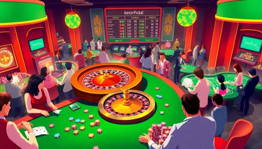 Gamblers experience the thrill of keonhacai at a lively casino with colorful tables and roulette wheels.