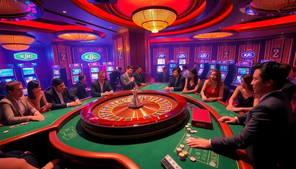 Experience the thrill of gambling at a luxurious casino with KJC roulette and poker tables.