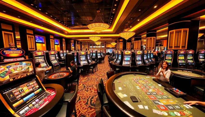 Players enjoying their wins at the TD88 casino with vibrant slot machines and lively gaming tables.