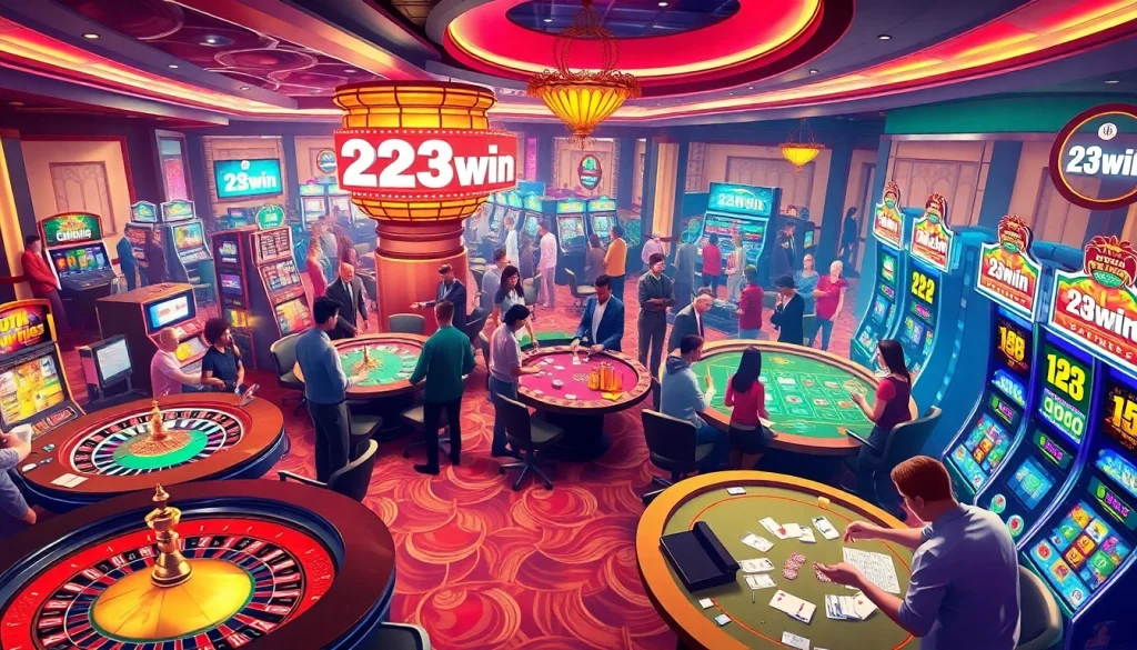 Experience the thrilling gameplay at 23win casino with vibrant roulette tables, slot machines, and engaged players.