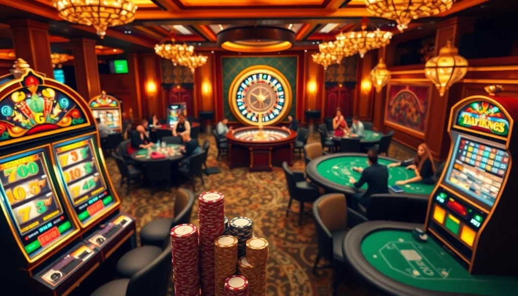 79king poker action with players at colorful casino tables, showcasing excitement and gambling thrill.