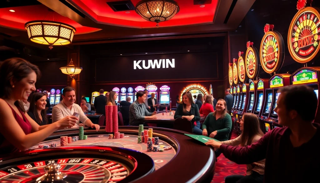 KUWIN casino scene showcases players engaging in poker, roulette, and slot machines, capturing thrilling moments of excitement.
