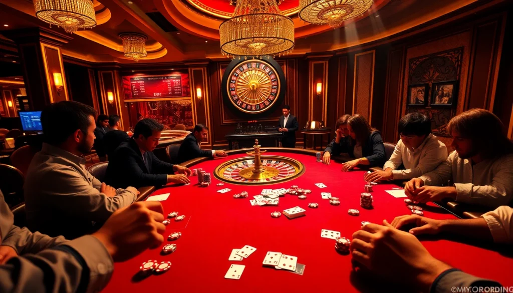 Experience the thrill of high-stakes poker at a casino featuring cm88-themed tables and décor, immersing players in a luxurious gambling atmosphere.