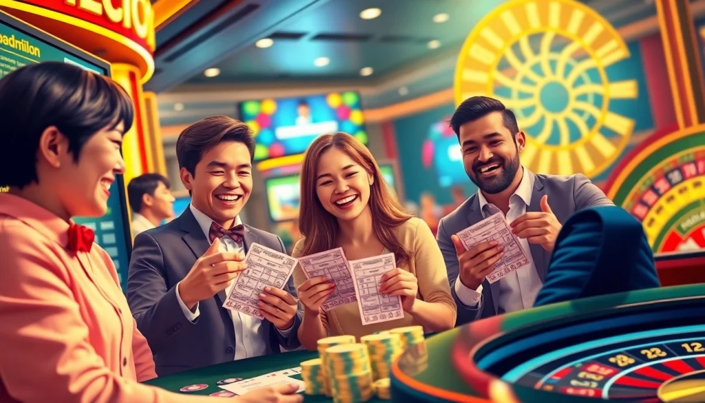 Experience the thrill of winning with Xổ Số PG88 lottery tickets amidst a dynamic casino setting.