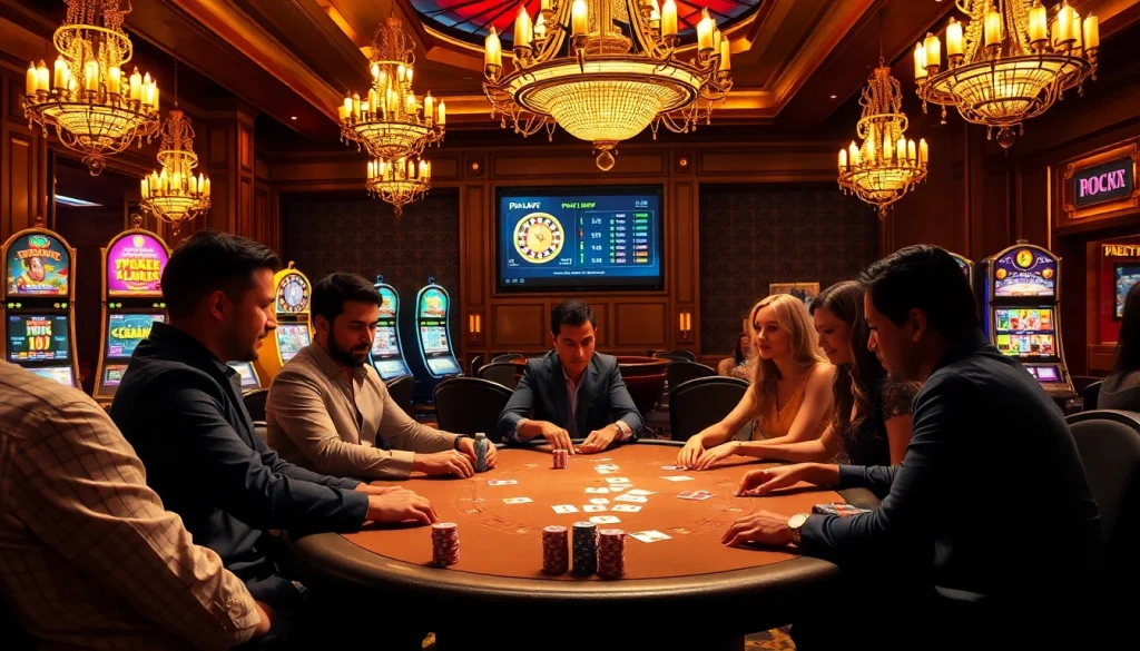 Players engage in an exciting poker game at a casino, with displays for payday loans direct lender uk subtly integrating financial options for high-stakes players.