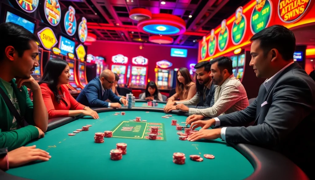 MM88 casino scene showing players at a lively poker table with colorful chips and slot machines.