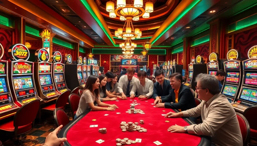 X777 casino slot machines bustling with players, showcasing the thrill of excitement in gambling.