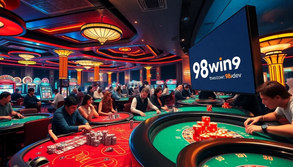 Experience the thrill of gambling at https://98win9.dev/ featuring exciting casino tables, vibrant poker chips, and lively players.
