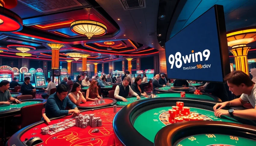 Experience the thrill of gambling at https://98win9.dev/ featuring exciting casino tables, vibrant poker chips, and lively players.