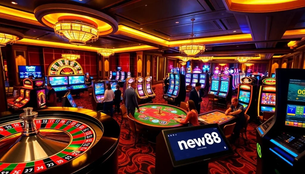 Experience the thrills of new88 as players engage at roulette and blackjack tables in a luxurious casino setting.