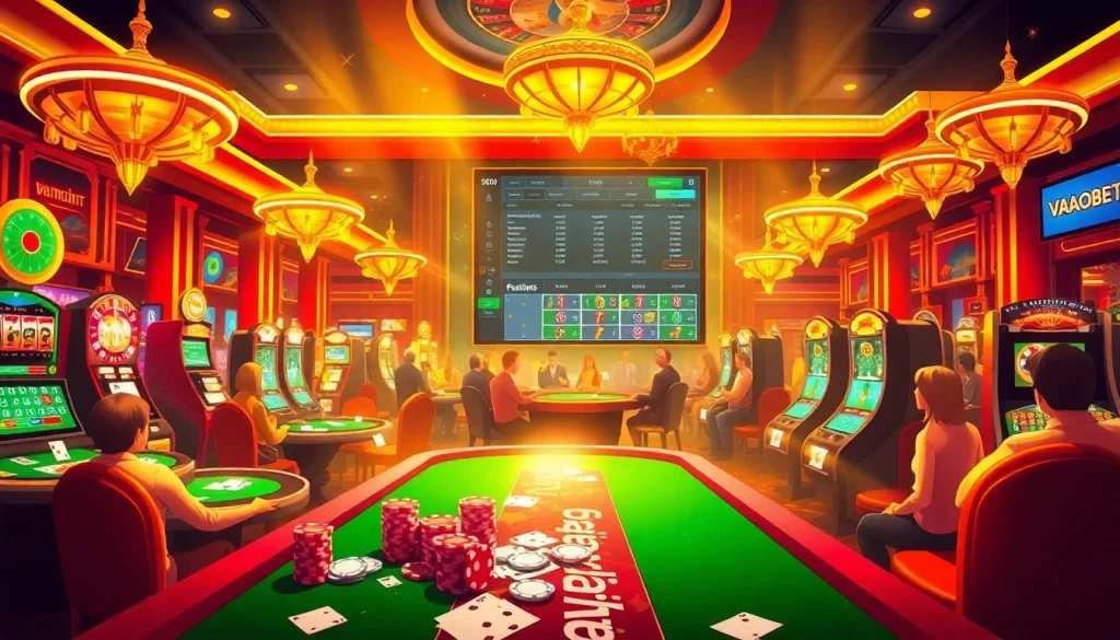Experience the thrill of gambling with VAOBET at vibrant casino tables featuring poker chips and cards.