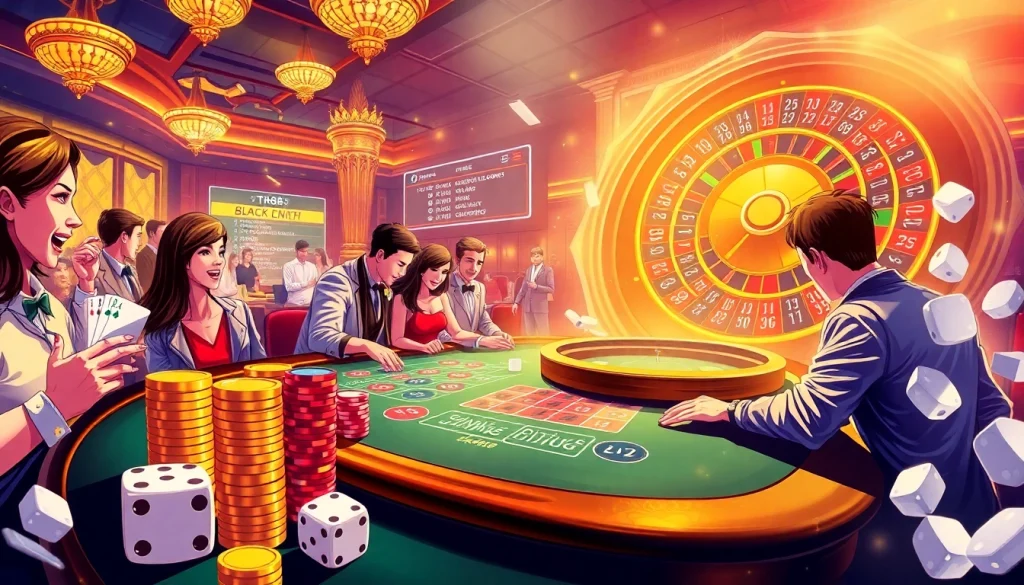 Exciting tk88 casino scene featuring players engaging in blackjack, vibrant chips, and a spinning roulette wheel.