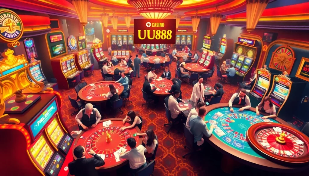 UU88 casino scene with players celebrating big wins at table games and slot machines.
