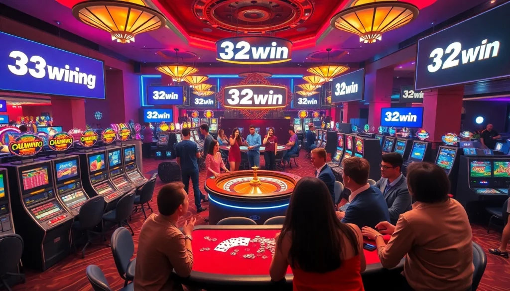 32win casino scene showcasing players celebrating a big win at the roulette table amid vibrant slot machines.