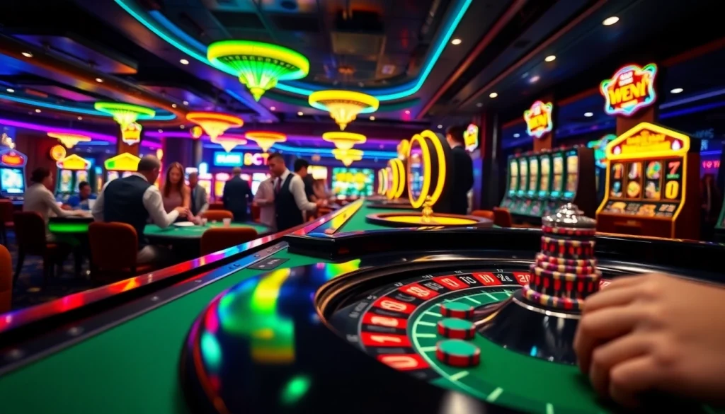 Exciting gambling atmosphere featuring 789BET casino tables, players placing bets, and vibrant slot machines.