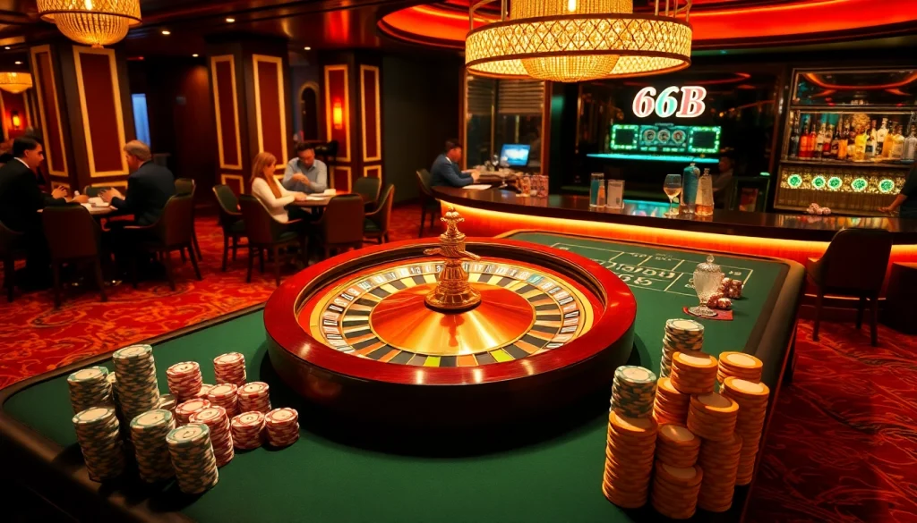 Experience the vibrant 66B casino environment with players enjoying thrilling dice games at scenic tables.