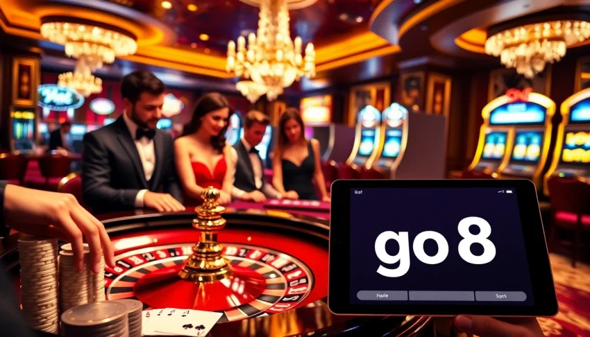 Experience the excitement of go8 gambling at an upscale casino, with players focused on winning at roulette and poker tables.