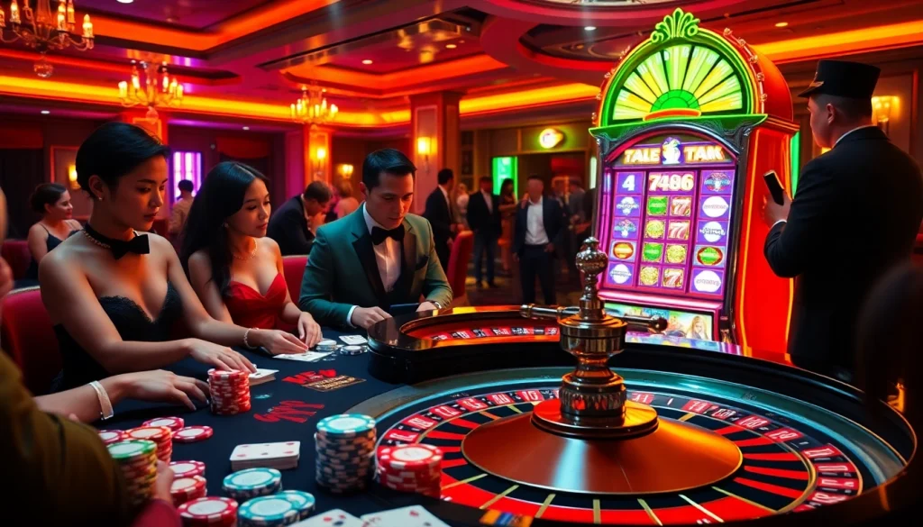 Experience thrilling gameplay at 789b.buzz with players at a roulette table surrounded by vibrant casino elements.