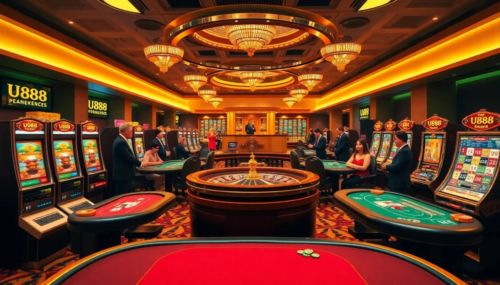 U888 casino floor bustling with excitement, featuring slots, poker tables, and roulette action.