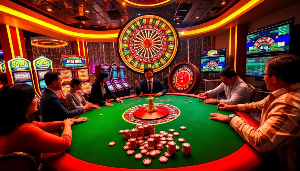 Players enjoying a thrilling poker game at MM 88 online casino with vibrant slot machines in the background.