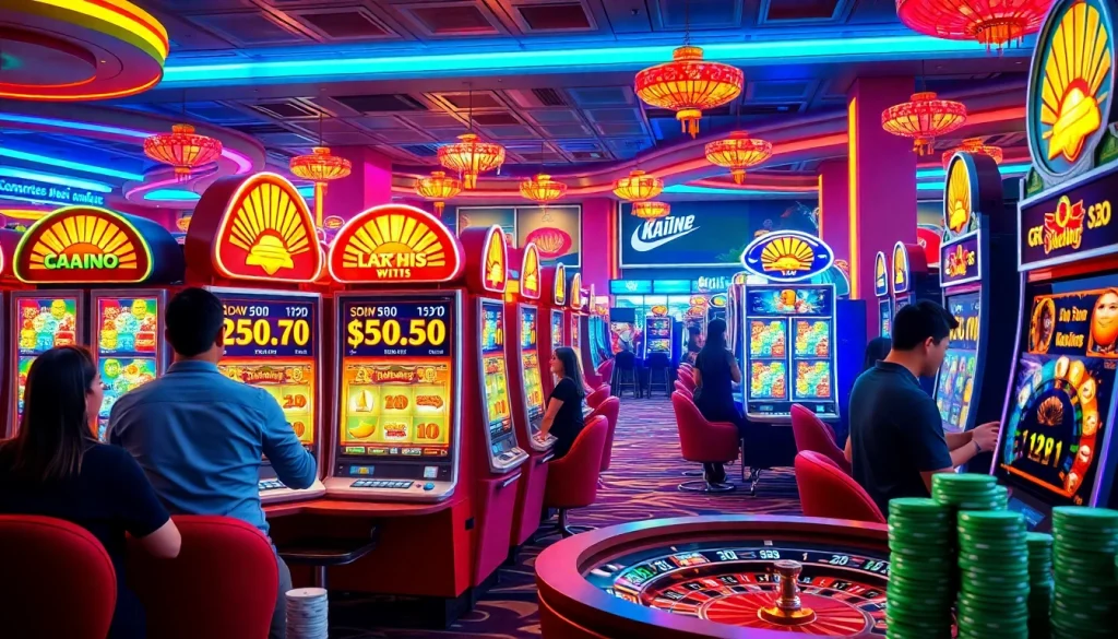 Nổ hũ: Players experience the excitement of online slots in a vibrant casino setting.