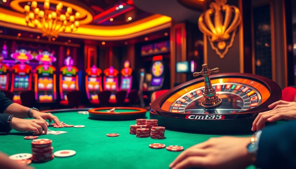 Exciting poker scene at a luxury casino with players and cm88 branding on the table.