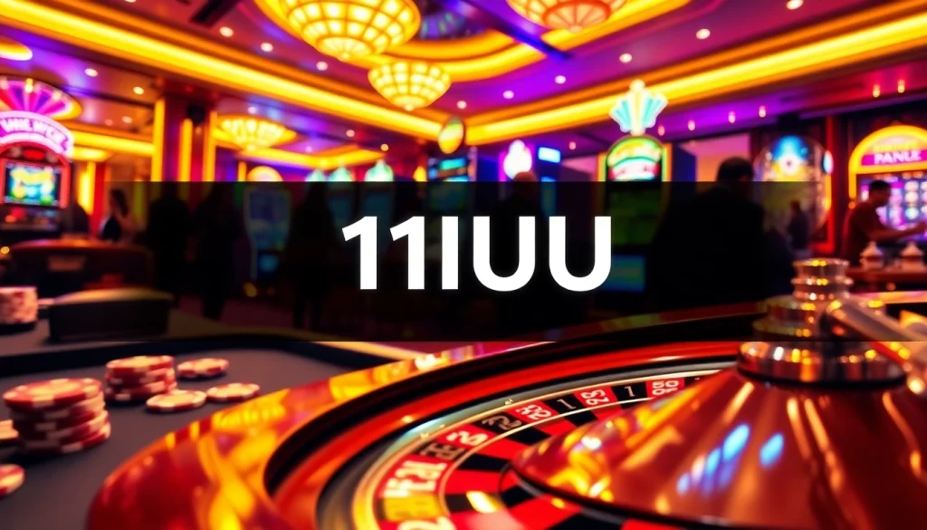 Captivating casino scene featuring players at a roulette table, illuminated by the neon 11UU signage, depicting thrilling gambling action.
