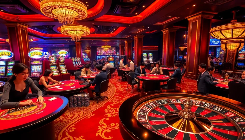 Vic88 showcases a high-energy casino with poker tables and roulette wheels, inviting players to experience thrilling games.