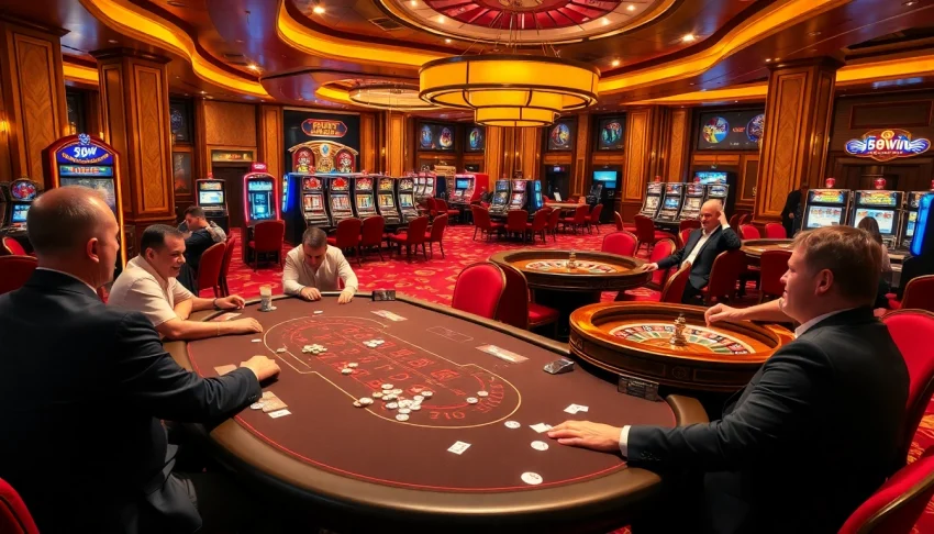 Players celebrating wins at a vibrant 58Win casino, highlighting excitement and luxury in gambling.