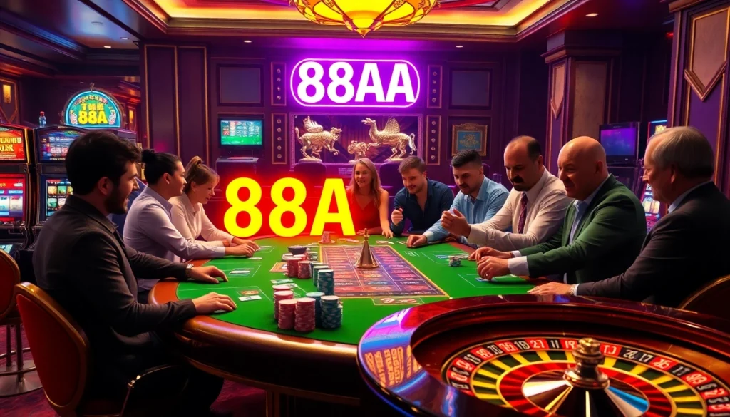 88AA attracts players to a vibrant casino scene filled with poker chips, slot machines, and roulette wheels.