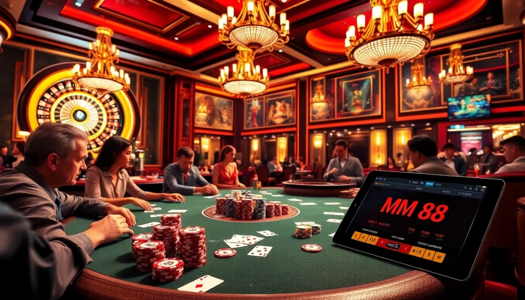 Engaged players in a high-stakes poker game at MM 88 casino, showcasing colorful poker chips and elegant decor.