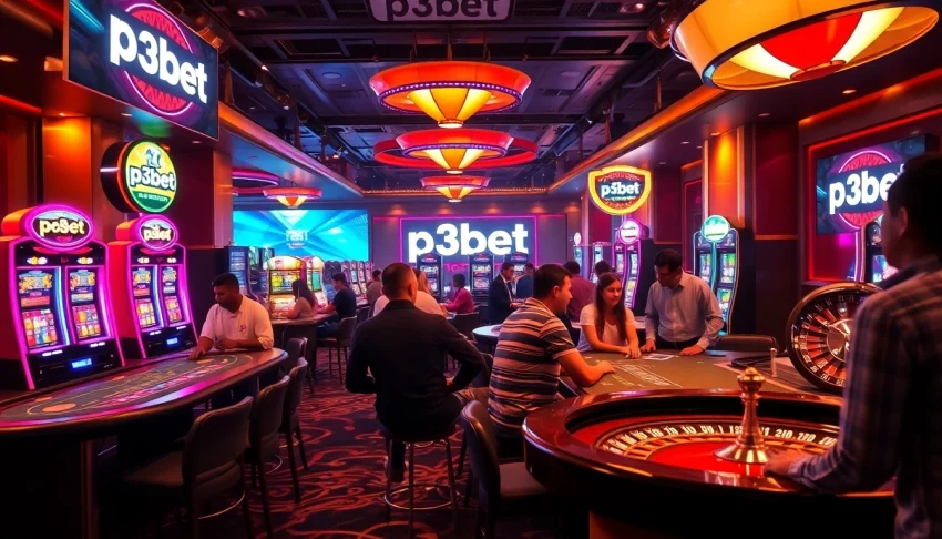P3BET casino atmosphere with players at blackjack tables, vibrant slot machines, and a roulette wheel.