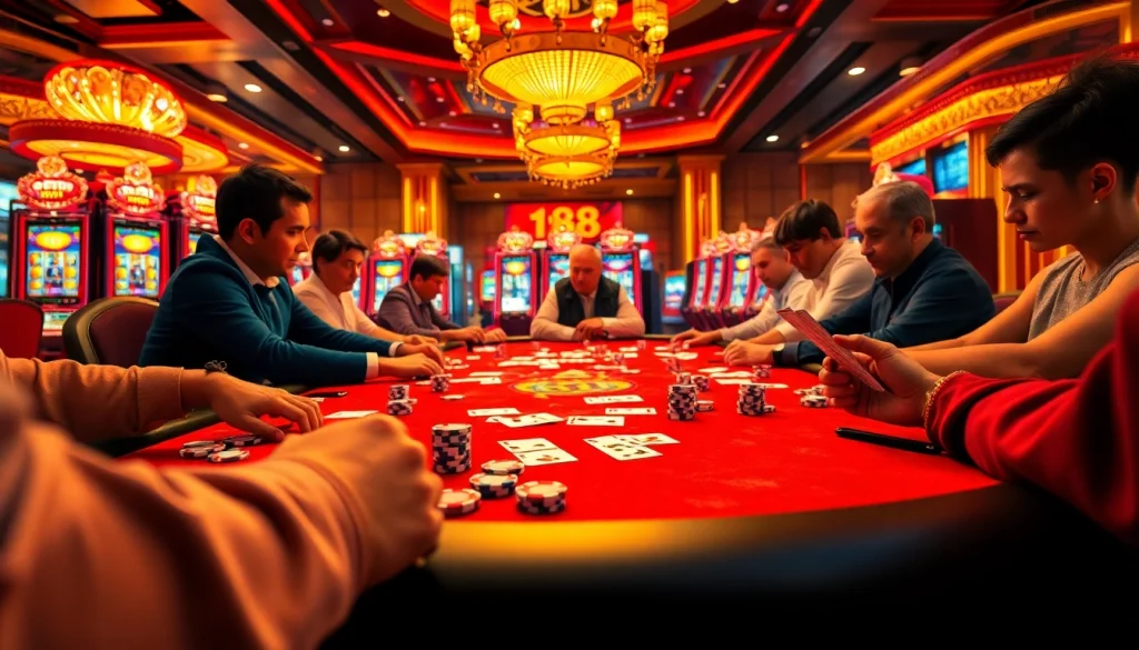 Players intensely engage in a poker game featuring tk88 chips amidst a lavish casino atmosphere.