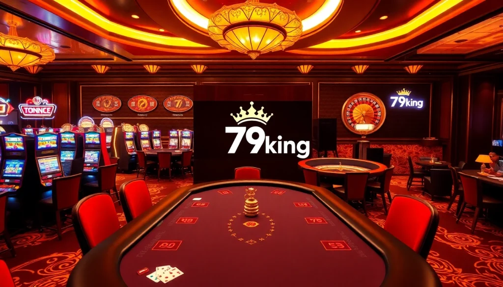 Experience the excitement of 79king casino with players at a poker table, vibrant slots, and a spinning roulette wheel.