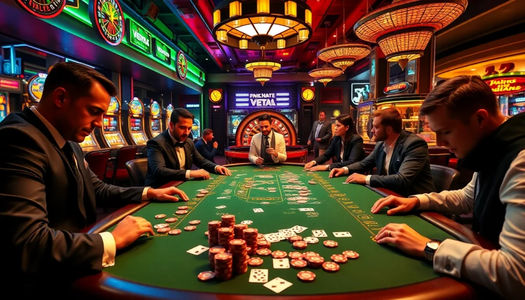 Engage in the thrilling VMAX Game at a high-stakes poker table surrounded by vibrant slot machines, showcasing vibrant colors and a luxurious casino atmosphere.