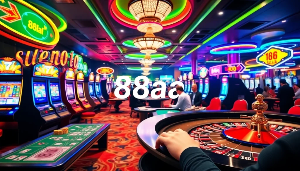 Players engaging in thrilling casino action featuring 88aa gambling strategies, vibrant slot machines, and roulette excitement.