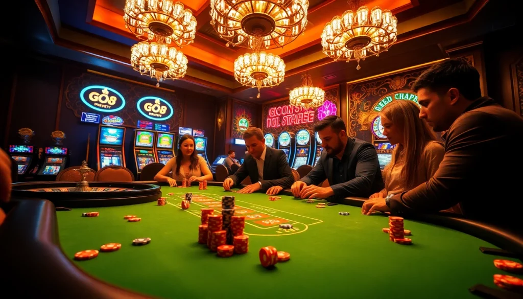 GO8-themed casino gaming table filled with colorful poker chips and intense players.