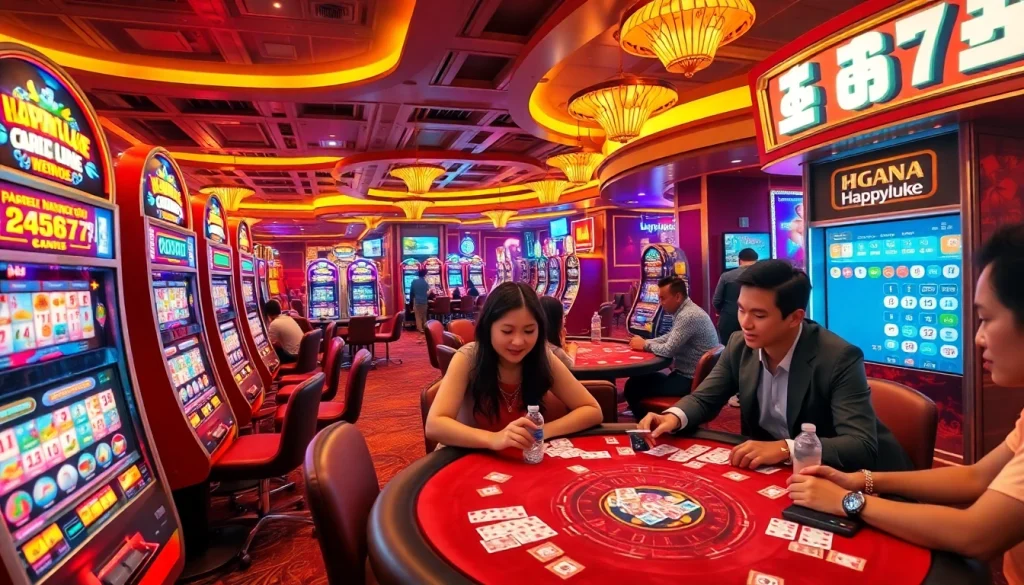 Xổ Số Happyluke players checking tickets amidst vibrant casino games.