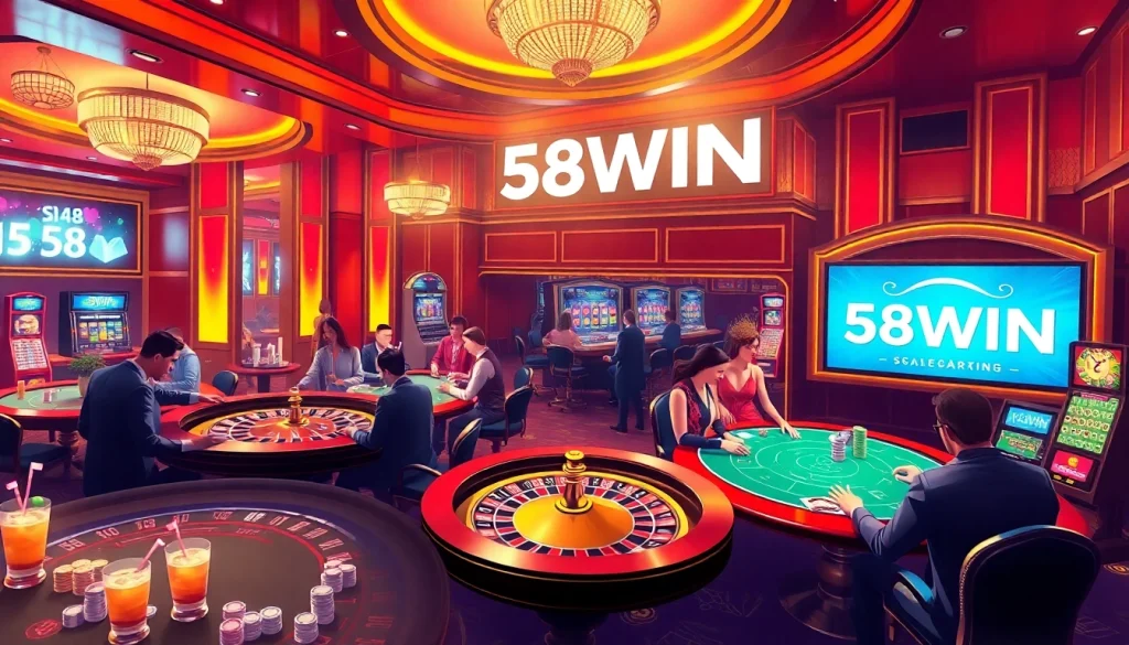 Enthusiastic players enjoying games at a luxurious casino, featuring the 58WIN logo.