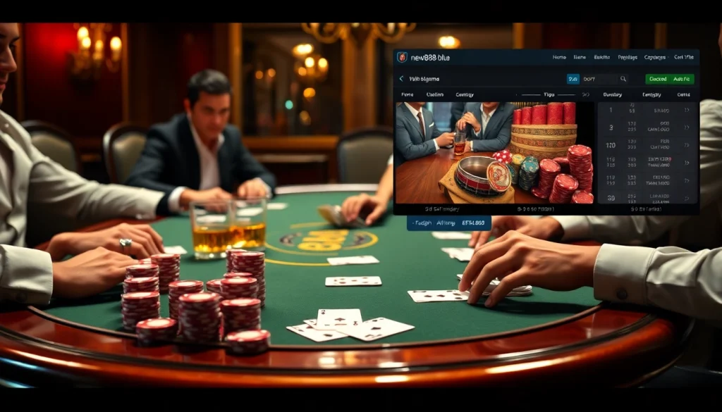Experience thrilling gameplay at https://new889.blue with luxurious poker tables and vibrant chips at a casino.
