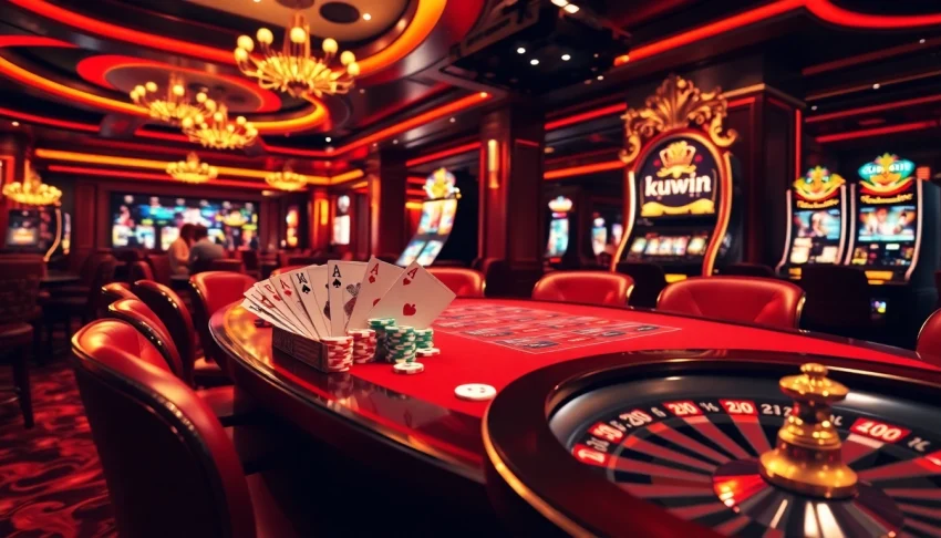 Engaged players enjoying the kuwin experience at a vibrant casino filled with poker chips and roulette wheels.